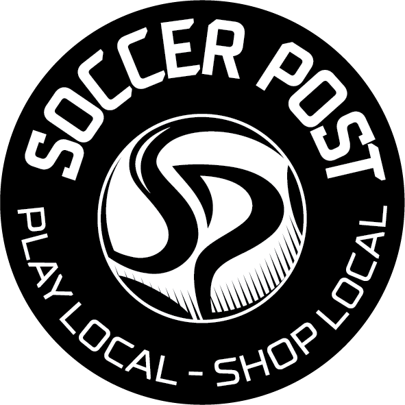 Circular black and white logo for Soccer Post featuring a central "SP" monogram and the text "PLAY LOCAL - SHOP LOCAL" along the bottom edge.