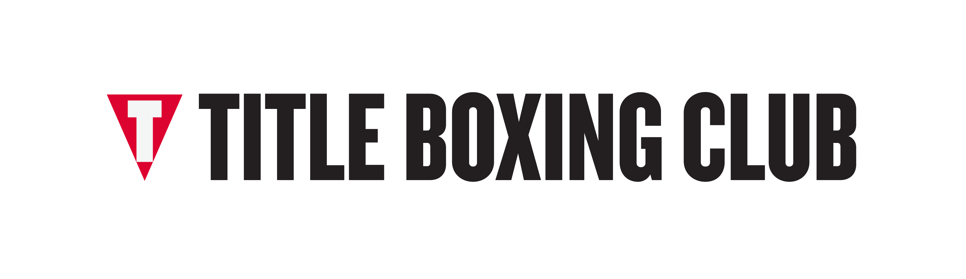 Logo for Title Boxing Club featuring a red inverted triangle with a white 'T' followed by the brand name in bold black uppercase text.