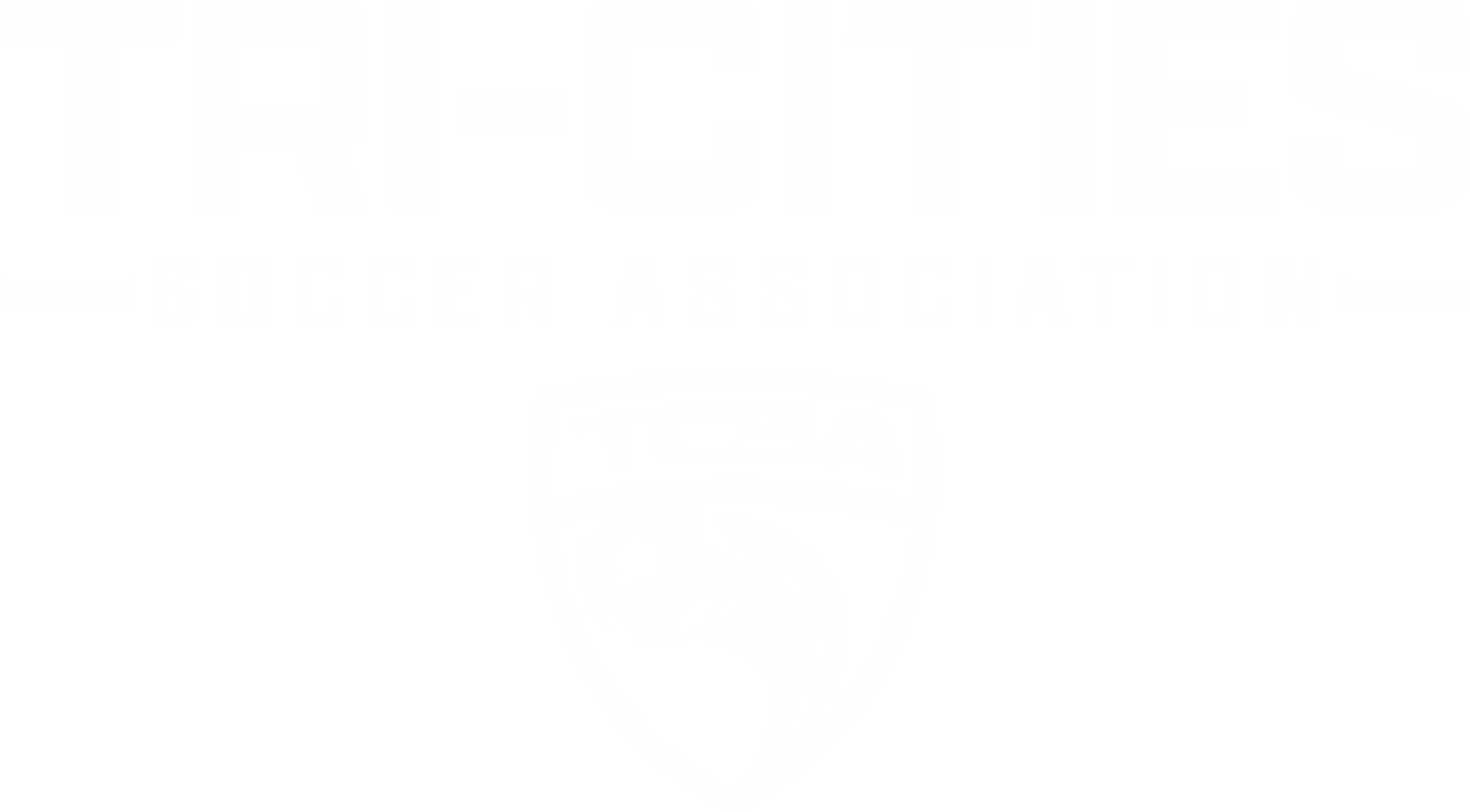 A white logo for the Tri-Cities Soccer Association. The words "TRI-CITIES" are in large, bold font at the top, with "SOCCER ASSOCIATION" in a smaller font directly below it. Underneath the text is a crest containing a stylized soccer ball with motion trails and the acronym "TCSA".