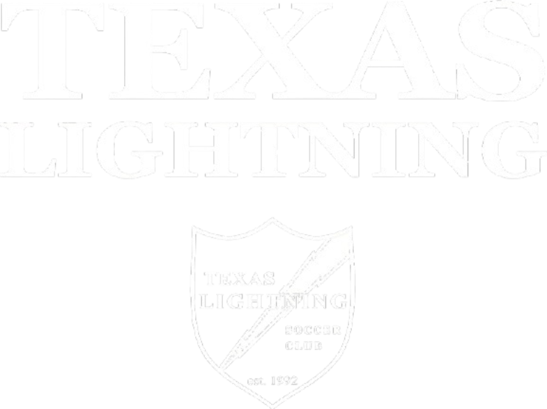Texas Lightning Soccer Club logo in white on a black background. Large serif text sits above a shield emblem containing a diagonal lightning bolt and "est. 1992".