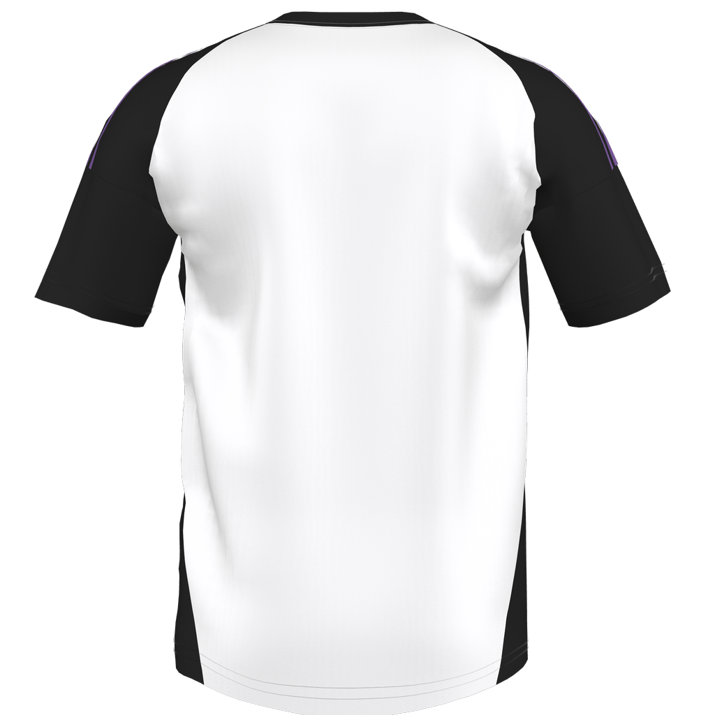 Back view of a white athletic t-shirt with black raglan sleeves, black side panels, and thin purple shoulder stripes.