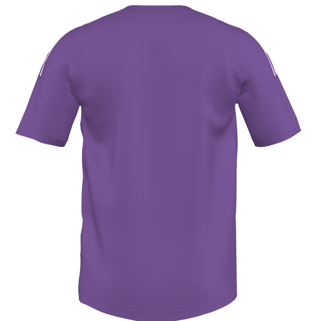 Back view of a purple short-sleeved athletic t-shirt with thin white stripes on the shoulders.