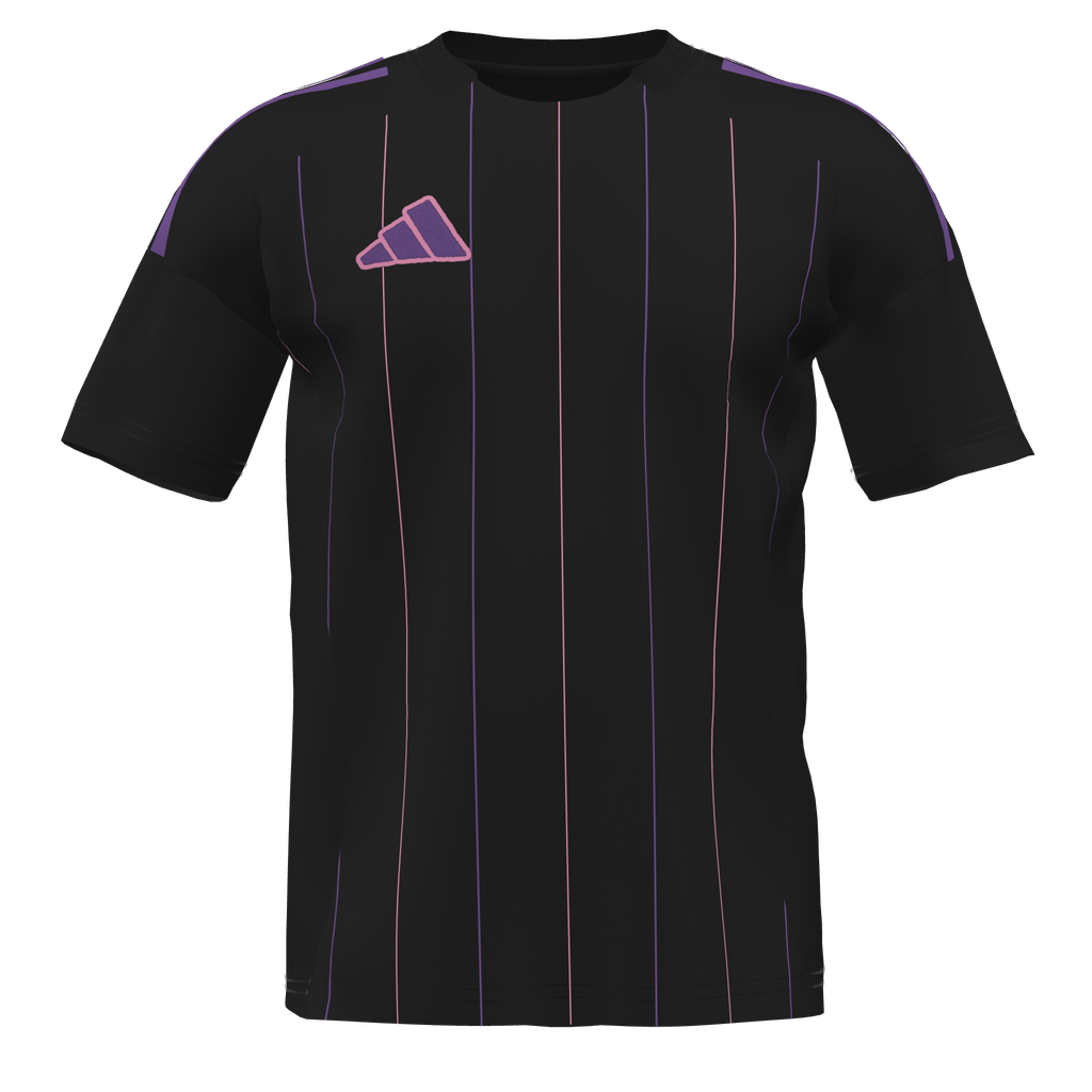 Black Adidas jersey featuring thin vertical pink and purple pinstripes and a matching purple logo on the chest.