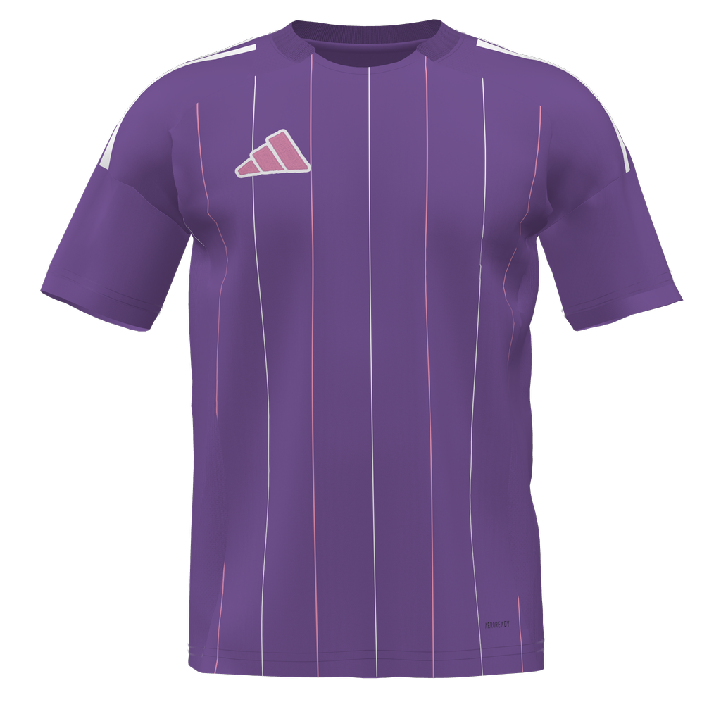 A 3D render of a purple Adidas athletic jersey featuring thin vertical pink and white pinstripes and a pink Adidas logo on the chest.