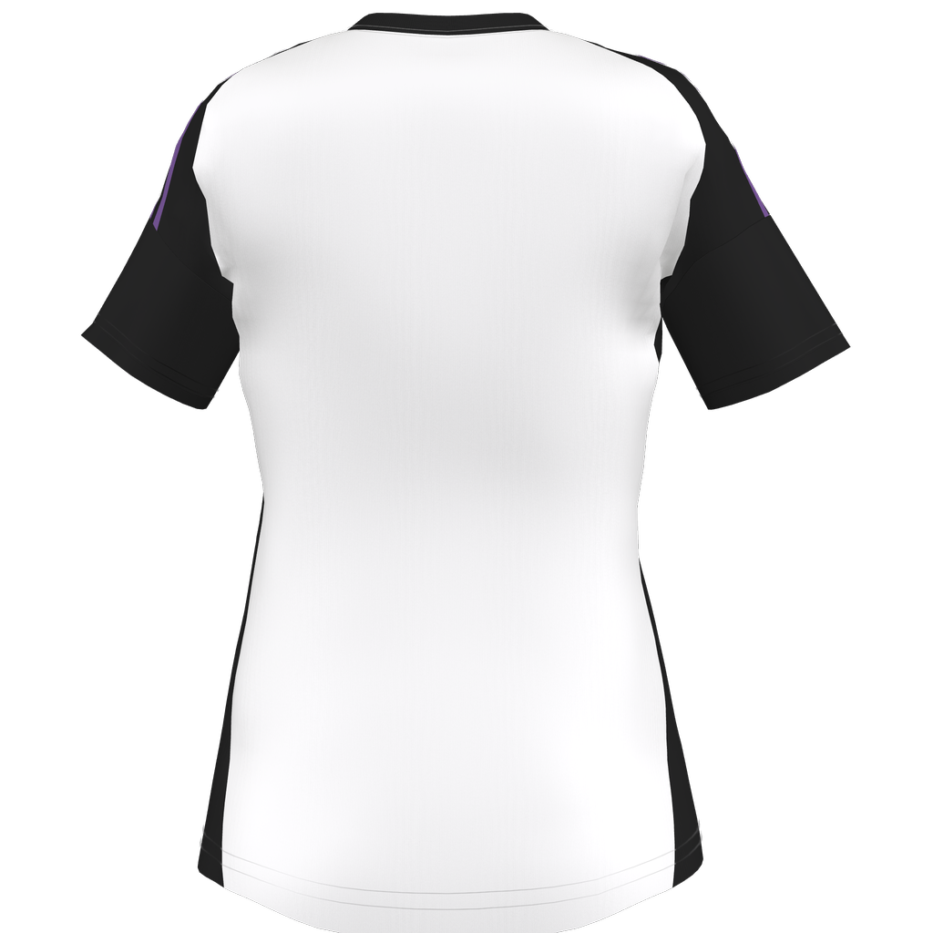 Back view of a white athletic t-shirt with black sleeves, black side panels, and purple shoulder accents.