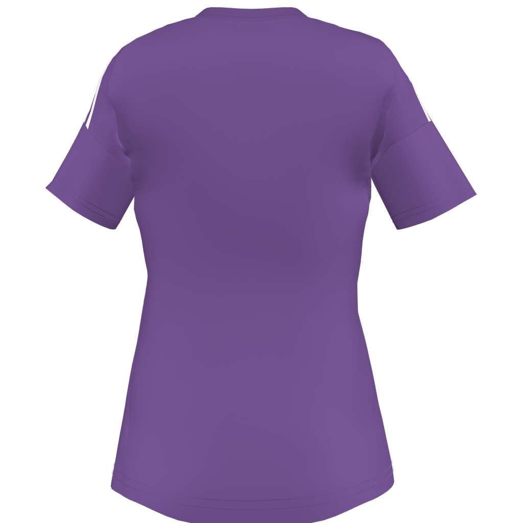 Back view of a purple short-sleeved athletic shirt featuring thin white stripes on the shoulders.