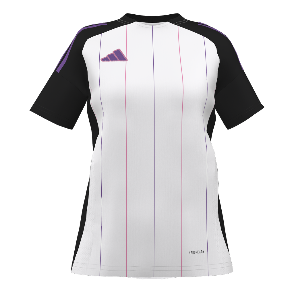 White short-sleeved sports jersey with thin purple and pink vertical stripes, black sleeves and shoulders, and a purple Adidas logo on the left chest.