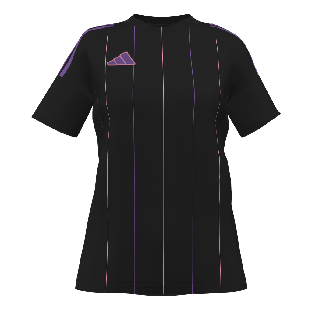 Black athletic shirt with purple and pink vertical pinstripes and a purple Adidas logo on the chest.