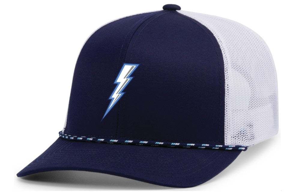 Navy blue trucker hat with a white mesh back, featuring a white and light blue lightning bolt logo and a braided rope accent along the crown's base.