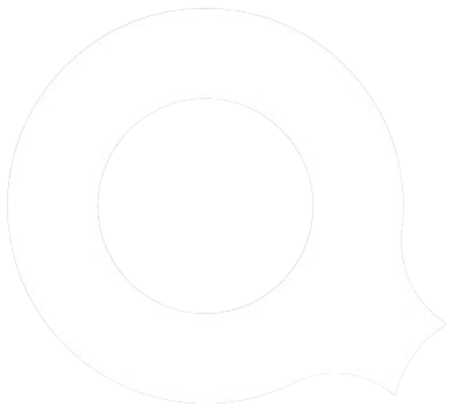 A thin white outline of a stylized "Q" shape, consisting of two concentric circles with a small tail at the bottom right.