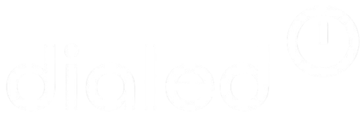Logo for "dialed" featuring lowercase white text and a circular dial icon on a black background.