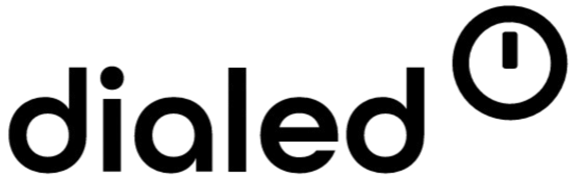Logo for "dialed" in a black, lowercase sans-serif font, featuring a circular clock-like icon to its upper right.