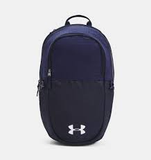 Front view of a navy blue and dark blue Under Armour backpack with a white logo on the front.