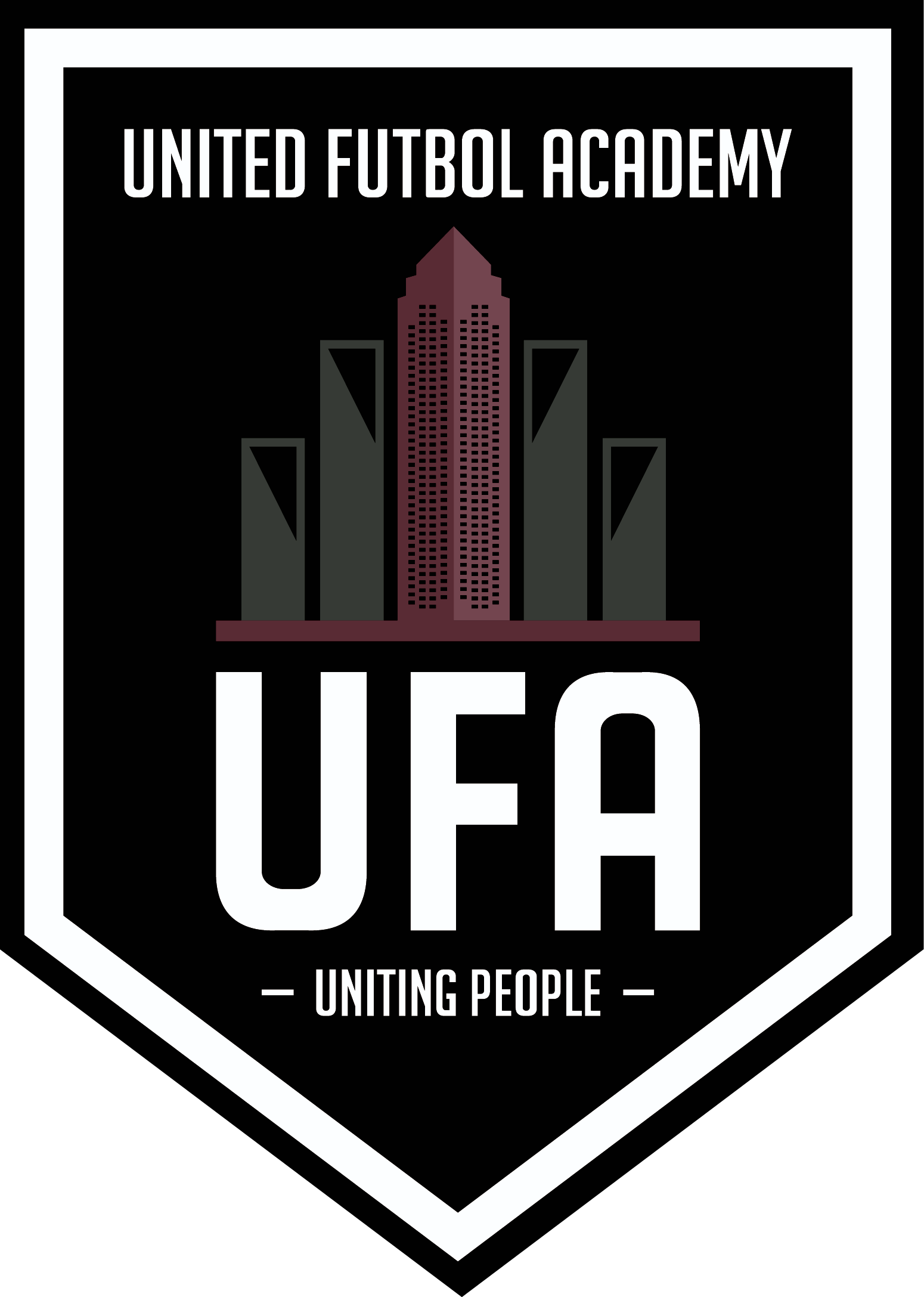 Shield-shaped logo for United Futbol Academy (UFA) with a city skyline graphic, large "UFA" text, and the slogan "UNITING PEOPLE" in black, white, and maroon.