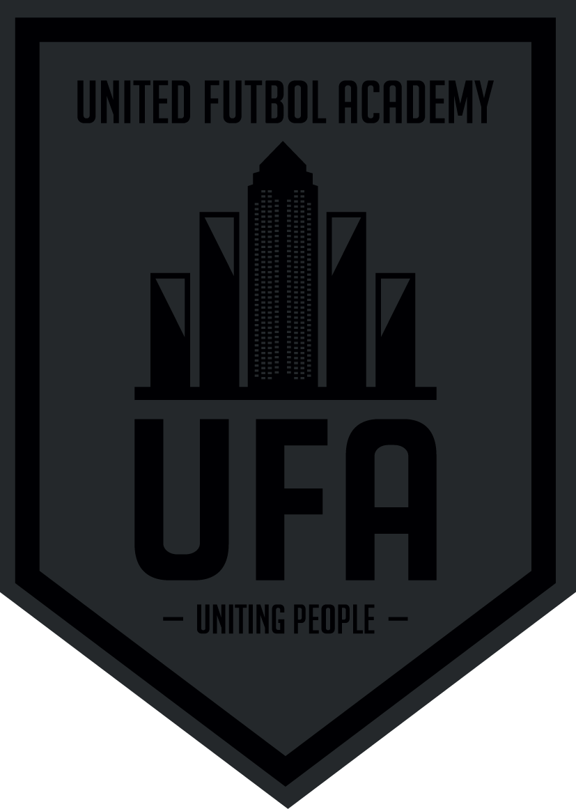 Dark grey shield logo for United Futbol Academy (UFA) featuring a skyline silhouette, large central UFA lettering, and the slogan "UNITING PEOPLE" at the bottom.