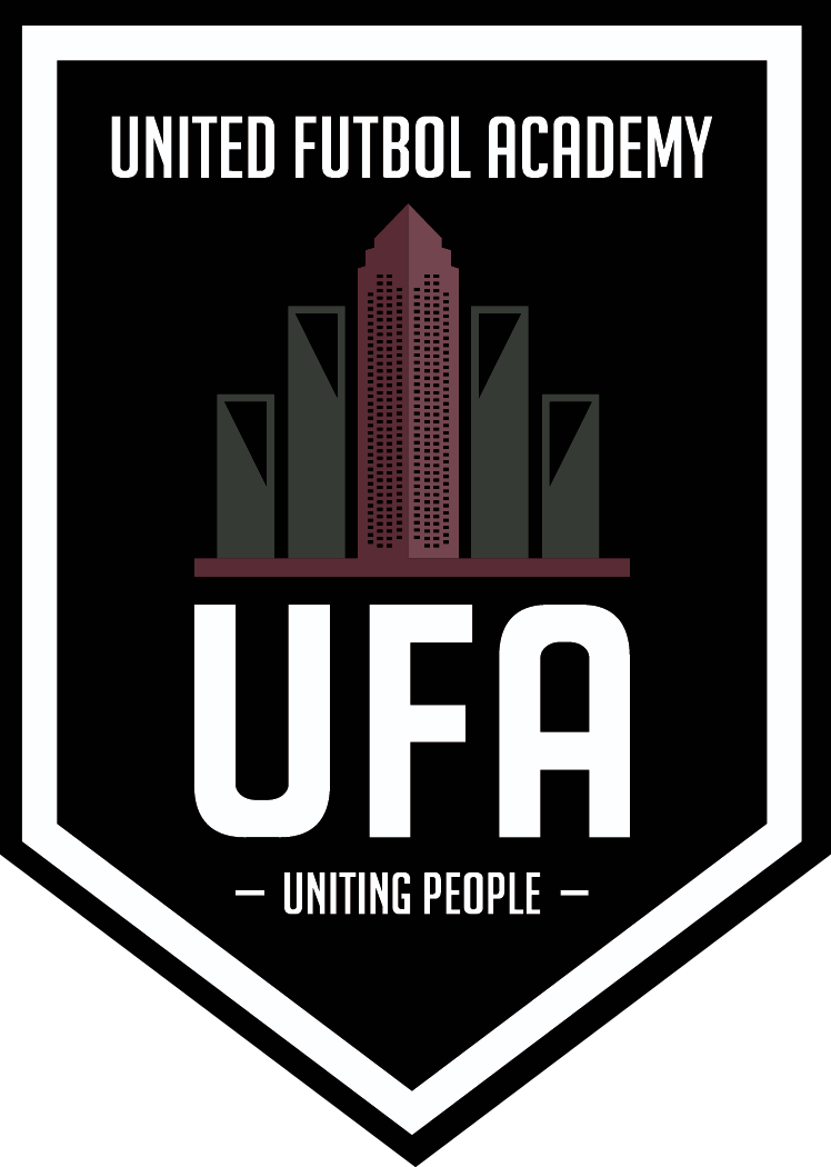 United Futbol Academy (UFA) shield-shaped logo with a city skyline graphic, bold "UFA" text, and the slogan "UNITING PEOPLE."