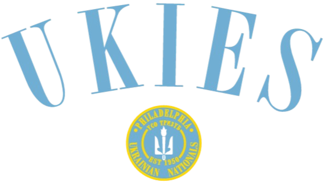 The word "UKIES" in arched blue letters above a circular Philadelphia Ukrainian Nationals logo featuring a trident symbol and "EST 1950".