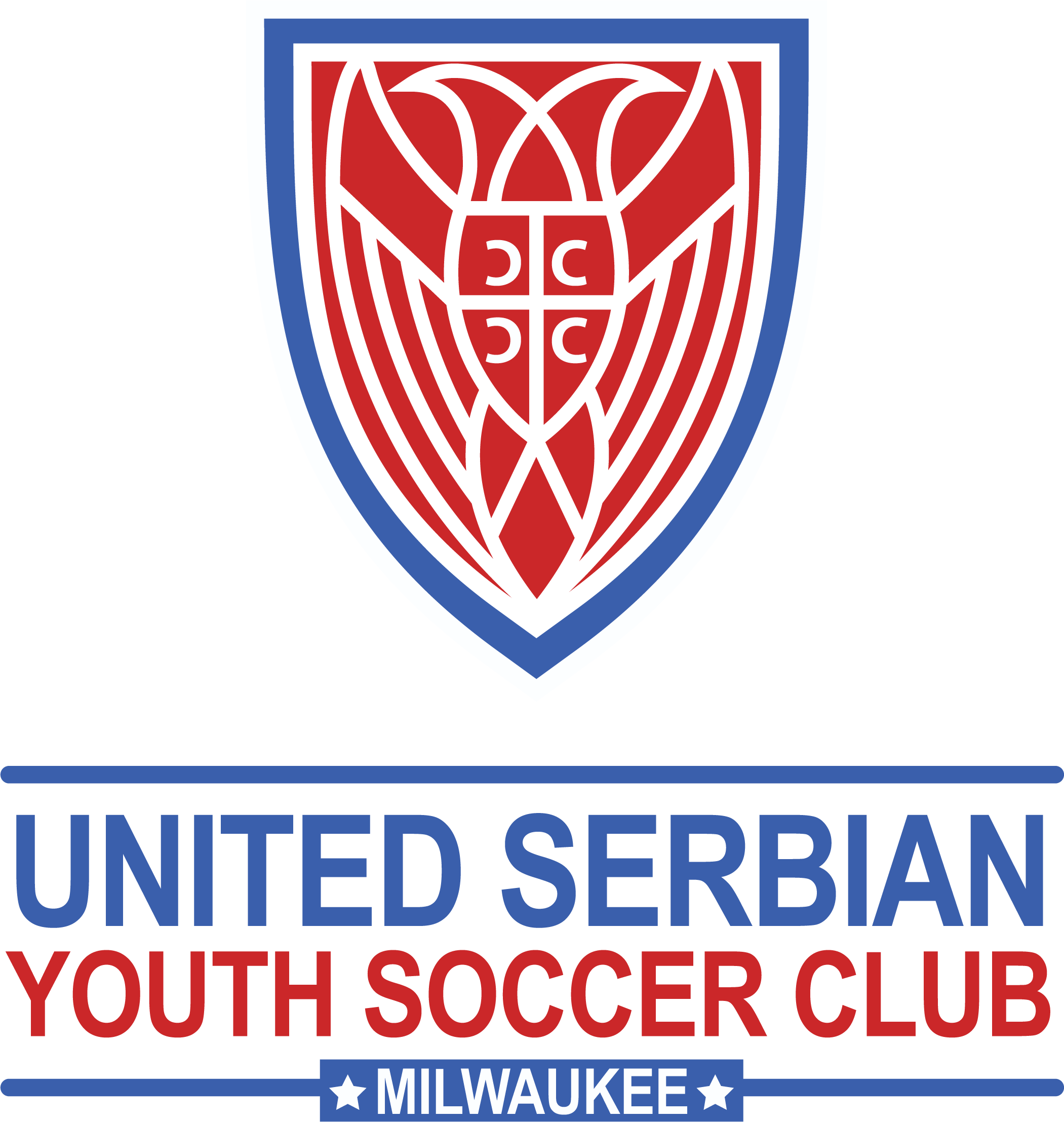 Logo for United Serbian Youth Soccer Club of Milwaukee. Features a shield with a red Serbian eagle above the team name in blue and red bold lettering.