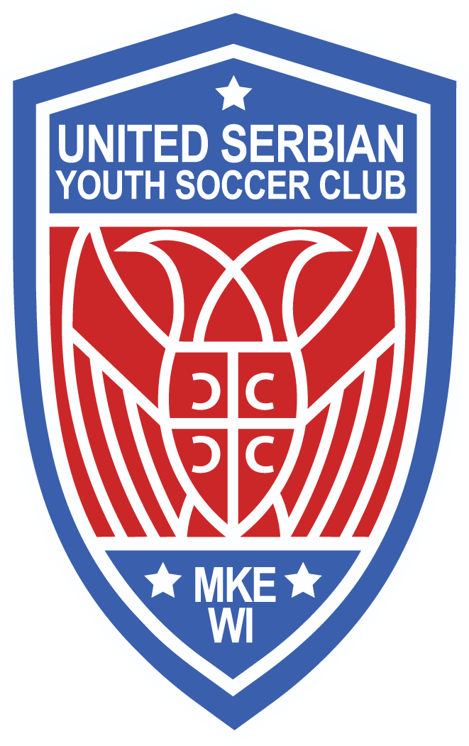 Shield logo for United Serbian Youth Soccer Club in Milwaukee, WI, featuring a white double-headed eagle and Serbian cross on a red background with blue borders and white stars.