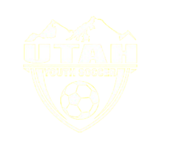 A logo for Utah Youth Soccer featuring a mountain range silhouette above the word "UTAH" in large block letters. Below the main text, "YOUTH SOCCER" is written between horizontal lines, with a soccer ball centered inside a shield-shaped outline at the bottom. The entire graphic is rendered in white against a black background.