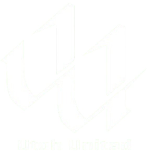 White "Utah United" logo on a black background, featuring a sharp, stylized interlocking "U" design above the team name in a blocky font.