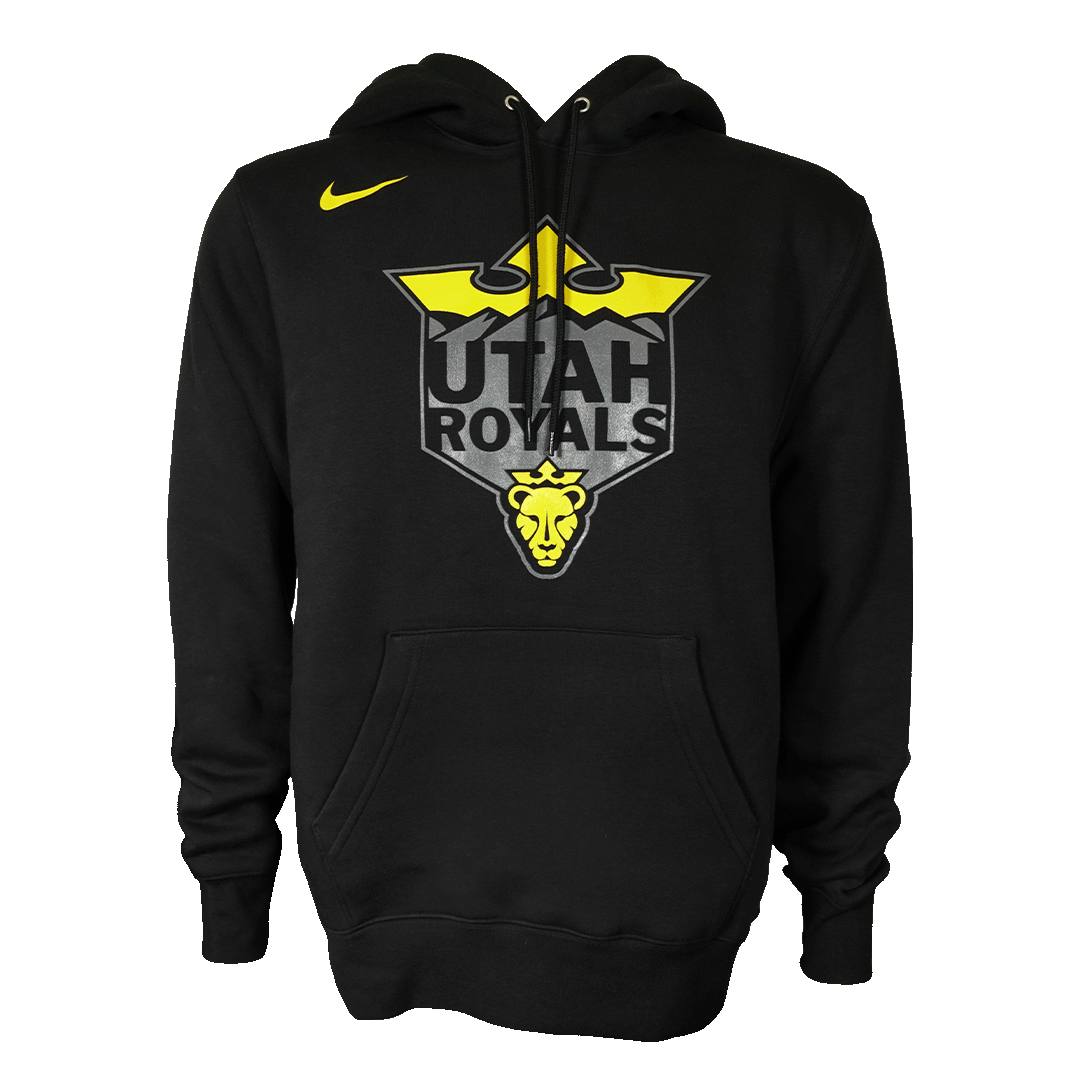 A black Nike brand hoodie featuring a yellow Nike swoosh on the right chest and a large central shield logo for the Utah Royals. The logo includes a gray mountain silhouette, a yellow crown graphic at the top, the words "UTAH ROYALS" in black, and a small yellow lion icon at the bottom.