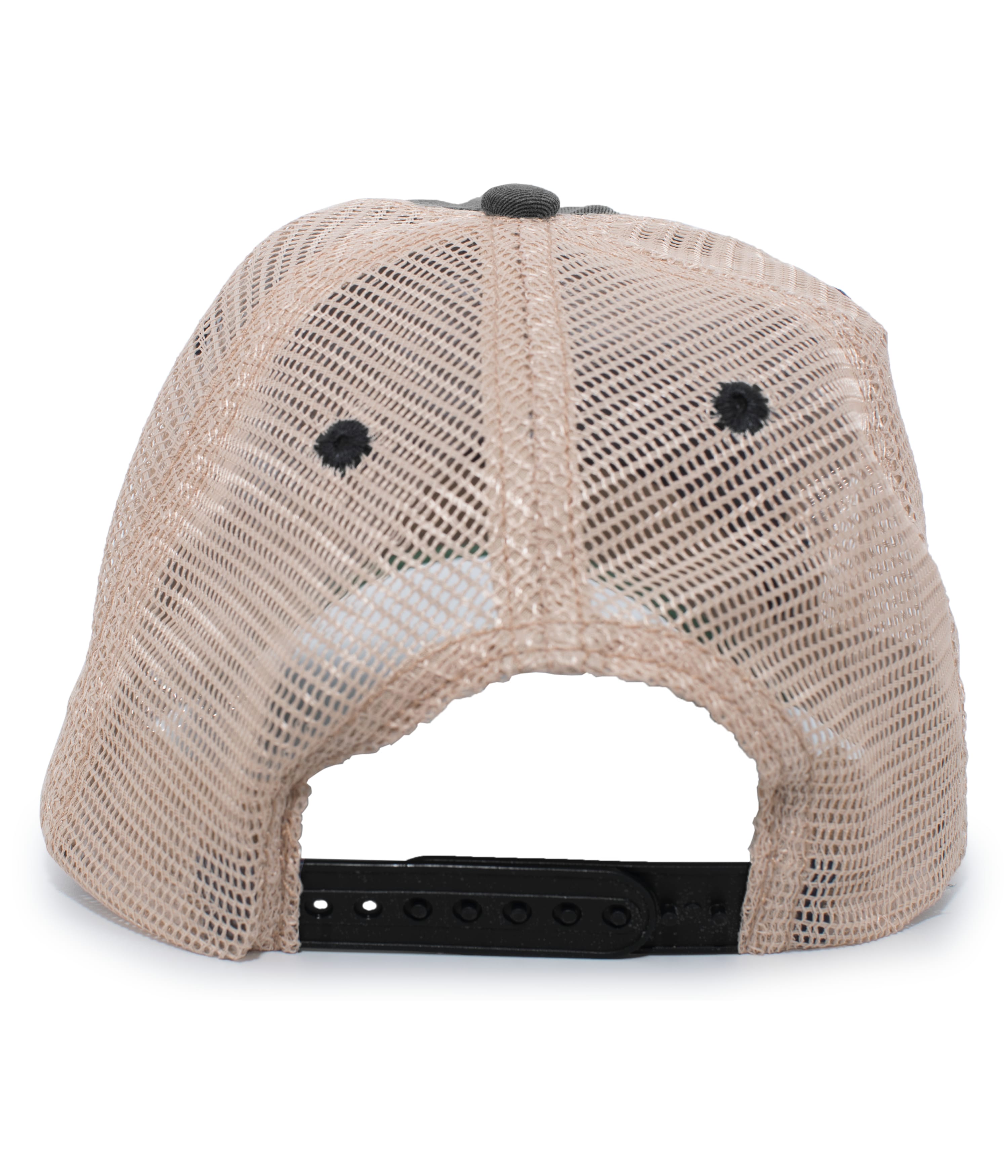 Rear view of a trucker hat with a tan mesh back, black plastic snapback closure, and dark grey top button, shown on a white background.