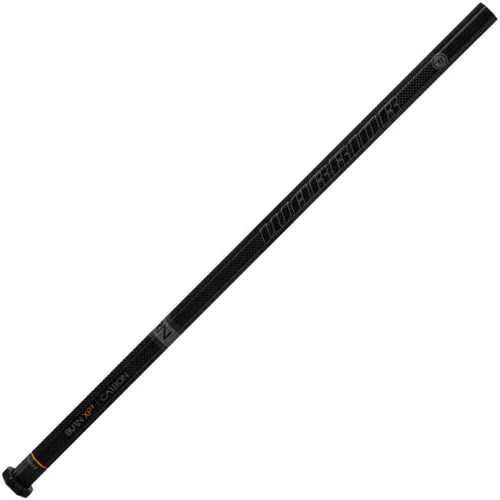Warrior Burn XP2 Carbon lacrosse shaft in black with textured grip, displayed diagonally on a white background.