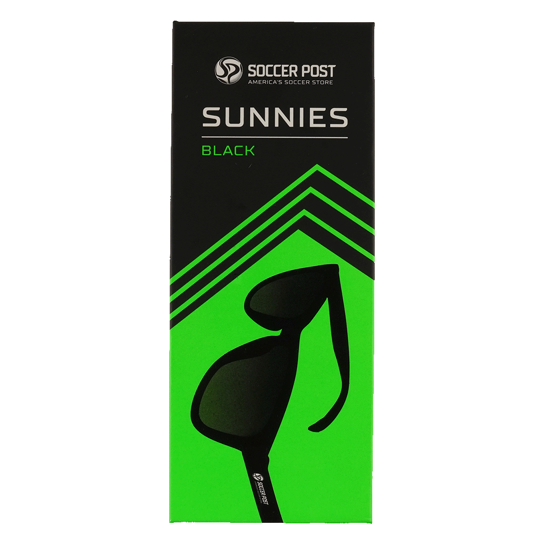 Black and neon green box for Soccer Post Sunnies featuring a black silhouette of sunglasses.