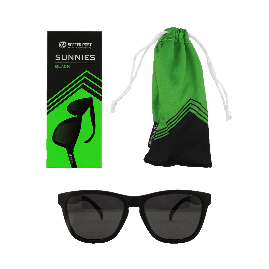 A pair of Soccer Post black sunglasses displayed with their matching green and black branded box and drawstring pouch.