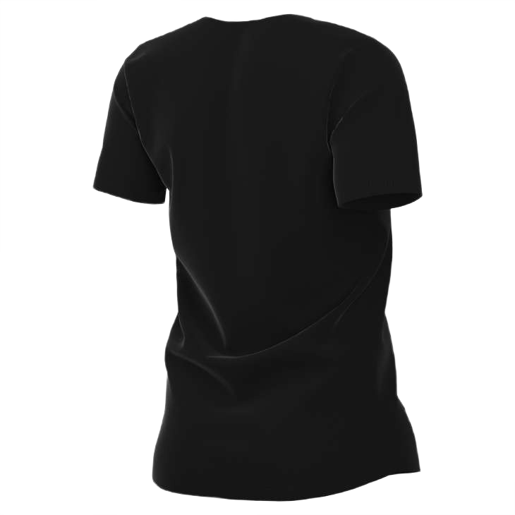 A back view of a solid black, short-sleeved t-shirt.