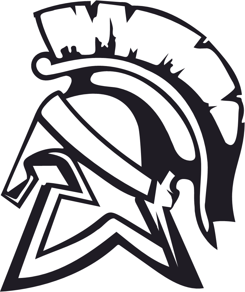 Stylized black and white graphic of a Spartan helmet with a prominent crest.