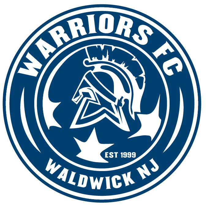 Navy blue and white circular logo for Warriors FC, Waldwick NJ. Centered Spartan helmet graphic surrounded by stars, with text "EST 1999".