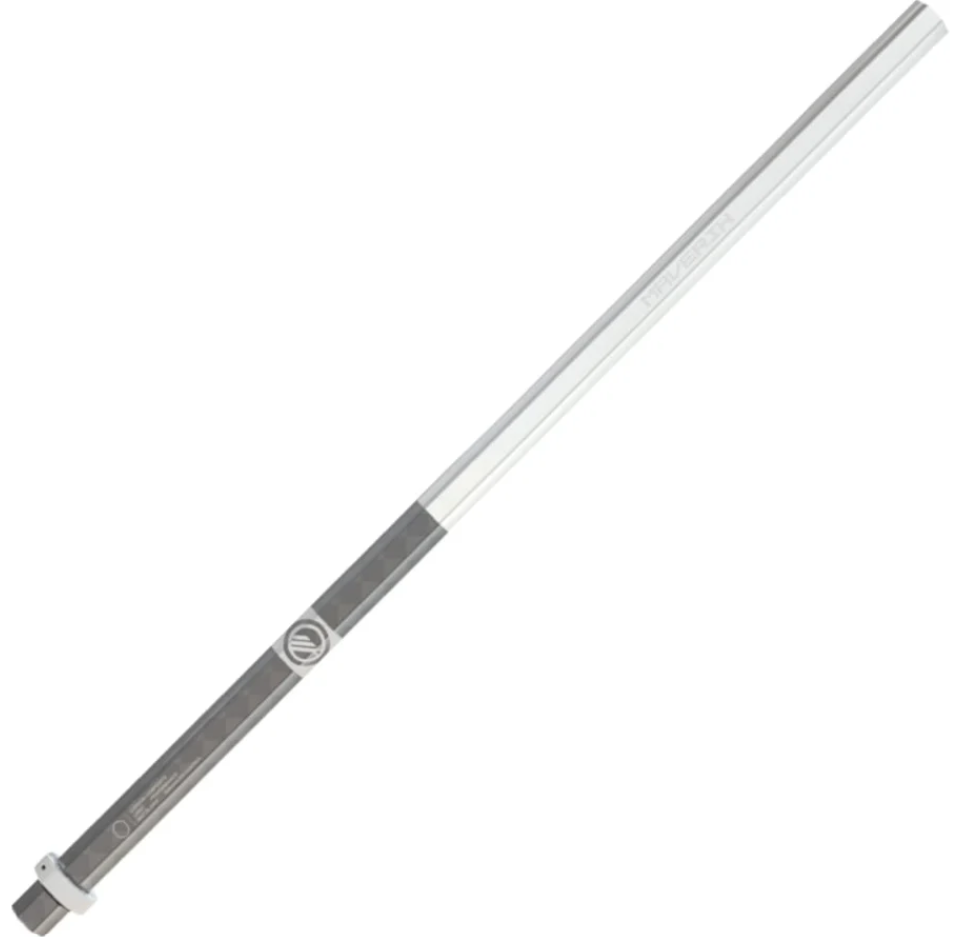 A Maverik lacrosse shaft shown diagonally on a white background, featuring a silver upper section and a dark grey, patterned lower section.