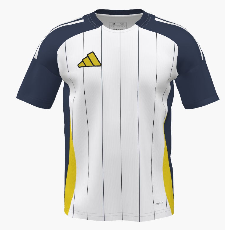 White and navy Adidas jersey with thin vertical stripes. It features navy sleeves, yellow side panels, and a yellow Adidas logo on the chest.