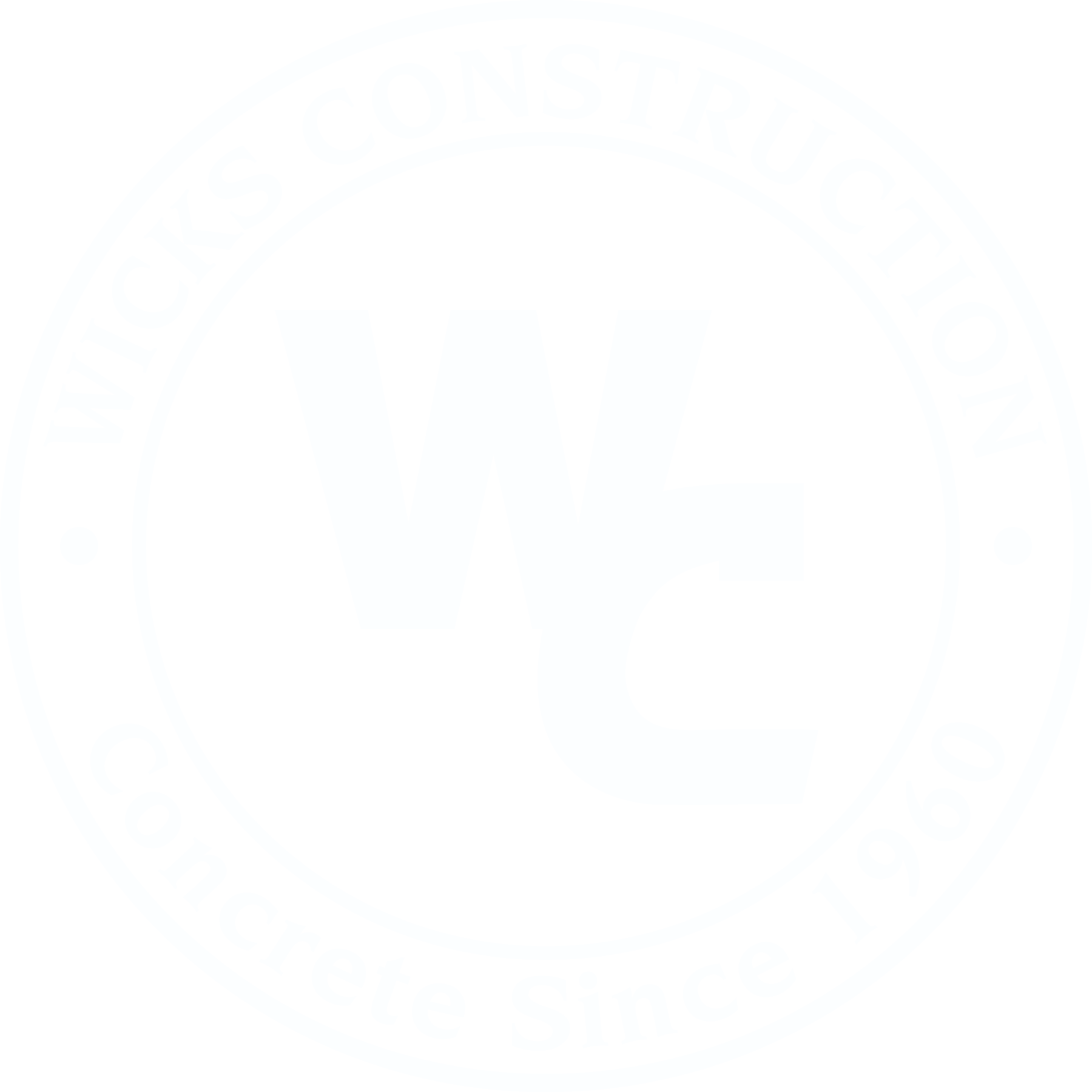 A white circular seal-style logo on a transparent background. Large, stylized interlocking letters "W" and "C" are in the center. The text "WICKS CONSTRUCTION" curves along the top border, and "Concrete Since 1961" curves along the bottom border. Small dots separate the top and bottom phrases on the left and right sides.