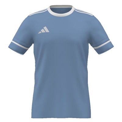 Light blue short-sleeved Adidas athletic jersey with white crew neck, shoulder stripes, and sleeve bands.