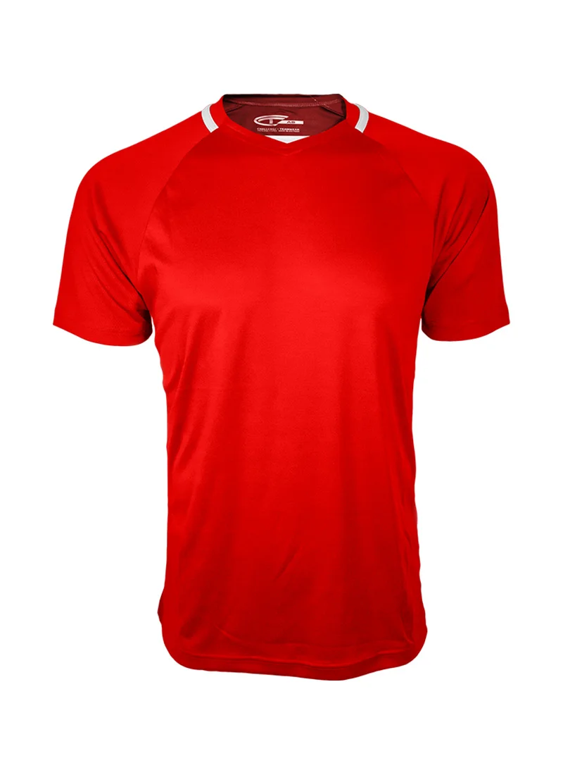 Red athletic t-shirt with short raglan sleeves and thin white stripes on the shoulders.