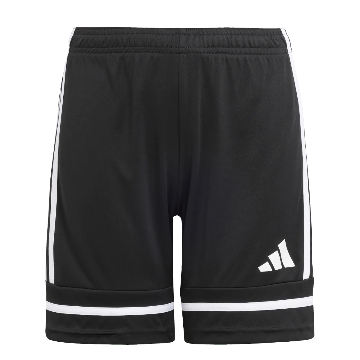 A pair of black Adidas athletic shorts with three white stripes down the sides and a horizontal white band near the bottom hem, shown against a solid green background.
