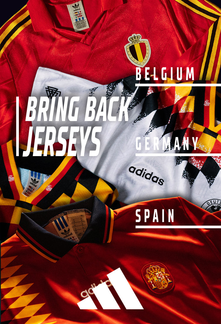 Adidas promotional image of vintage soccer jerseys from Belgium, Germany, and Spain with large white text reading "BRING BACK JERSEYS."