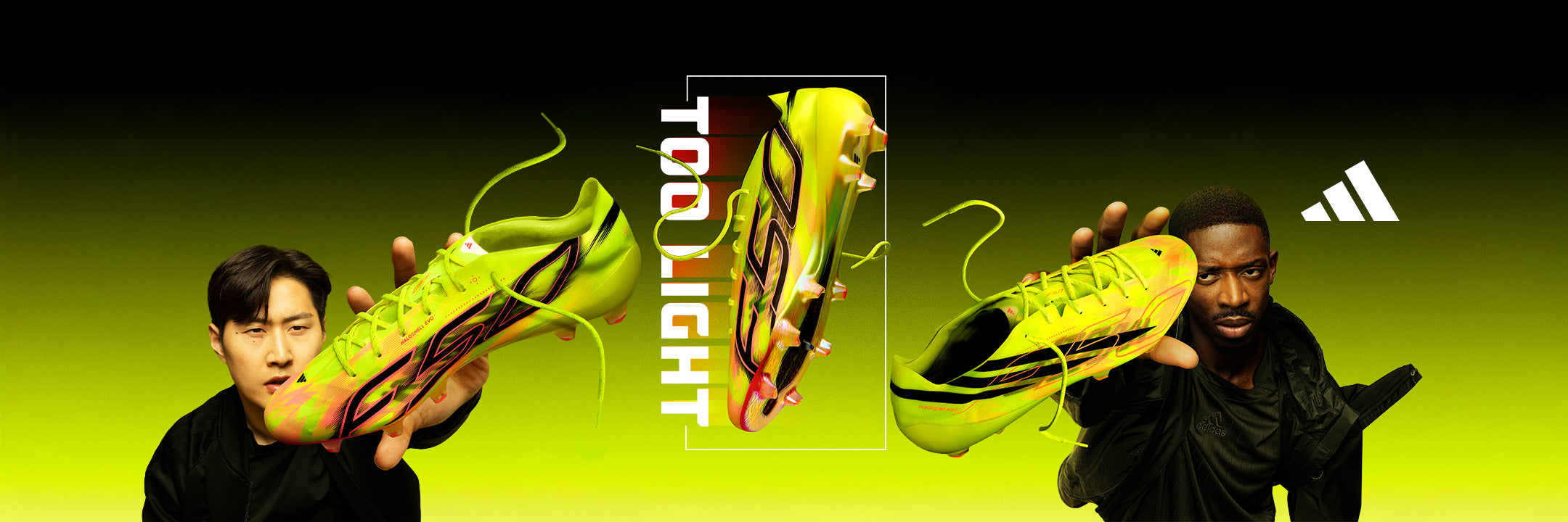 Adidas ad featuring two athletes holding neon yellow football boots. Central vertical text reads 'TOO LIGHT' against a vibrant green background.
