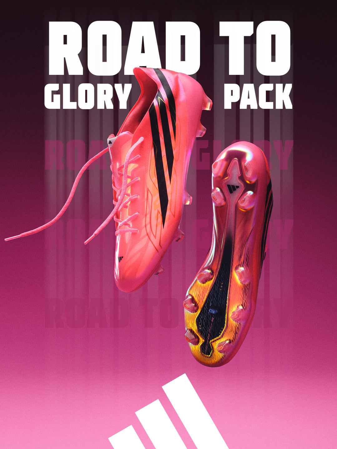 Pink adidas soccer cleats with black accents on a pink background, featuring 'Road to Glory Pack' text.