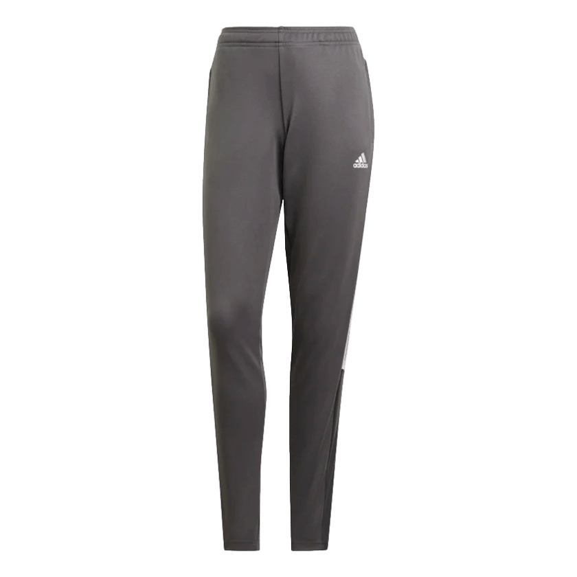Grey Adidas track pants with a white logo on the right thigh and white side stripes, shown against a black background.