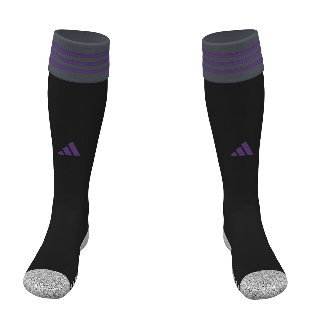 A pair of black Adidas soccer socks with grey ribbed cuffs featuring three purple stripes, purple logos on the shins, and grey speckled toes.