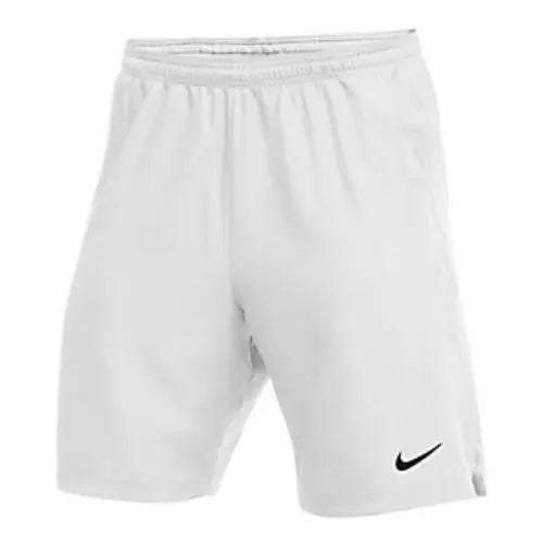 A pair of white Nike athletic shorts featuring a black swoosh logo on the lower left leg and an elastic waistband.