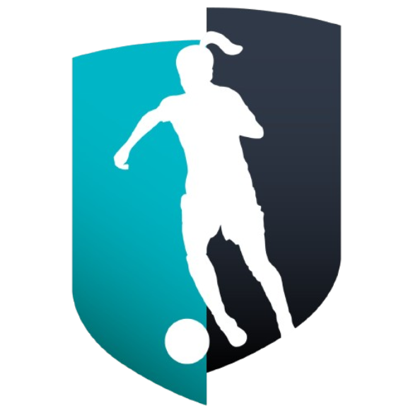 A logo featuring a white silhouette of a female soccer player dribbling a ball, set against a shield divided vertically into teal and dark grey.