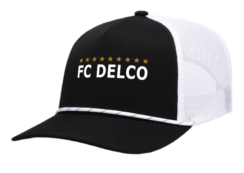 A black trucker hat with white mesh back and a white decorative cord. The front features "FC DELCO" in white bold text, topped by a row of ten small gold stars.