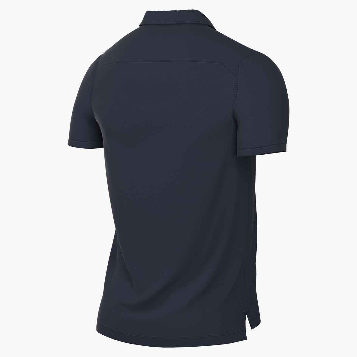 The back of a solid navy blue, short-sleeved polo shirt with a collar and small side slits at the hem.