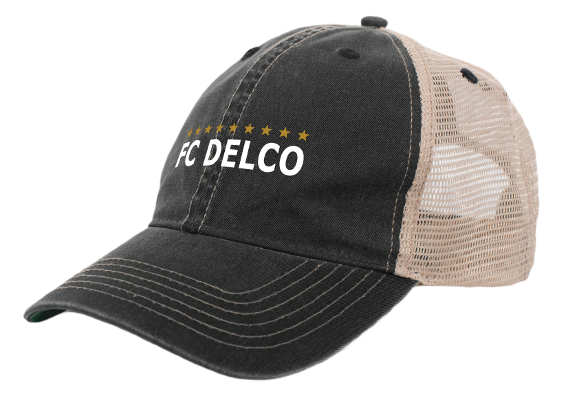 A charcoal and beige trucker hat with white "FC DELCO" text and a row of gold stars across the front panel.