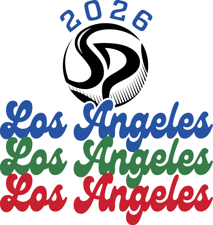 A graphic design on a black background featuring the number "2026" in blue at the top. Below is a white-lined illustration of a spherical ball with stylized "S" and "P" letters inside. At the bottom, the words "Los Angeles" are repeated in three cursive lines of blue, green, and red text.